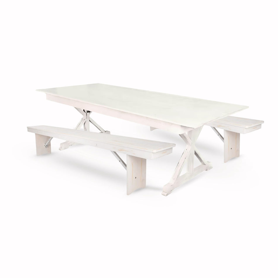Farmhouse Dining Table Set 96x40" with 2 Benches for Kitchen Patio Dining Room, X Legs, White Distressed