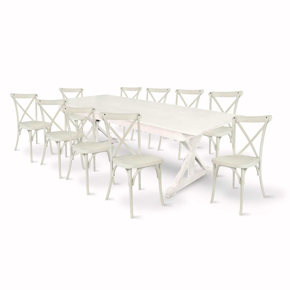 Farmhouse Dining Table Set 96x40" with 10 Cross Back Steel Skeleton Chairs for Kitchen Patio Dining Room, X Legs, White Distressed