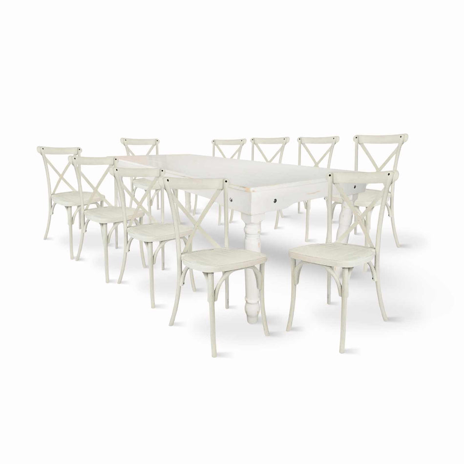 Farmhouse Dining Table Set 96x40" with 10 Cross Back Steel Skeleton Chairs for Kitchen Patio Dining Room, T Legs, White Distressed