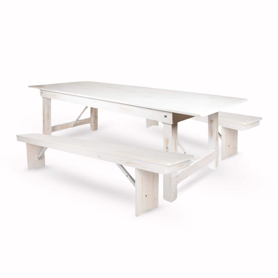 Farmhouse Dining Table Set 96x40" with 2 Benches for Kitchen Patio Dining Room, Fluted Legs, White Distressed