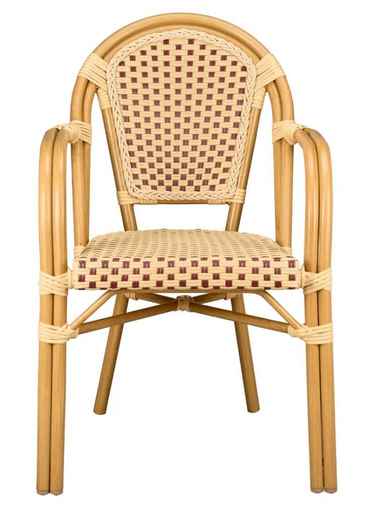 French Bistro 48x36" Table with Glass Top and 4 Chairs with Arms Set, Beige and Maroon, Image 4