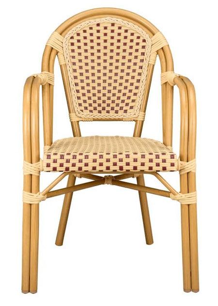 French Bistro 48x36" Table with Glass Top and 4 Chairs with Arms Set, Beige and Maroon, Image 4