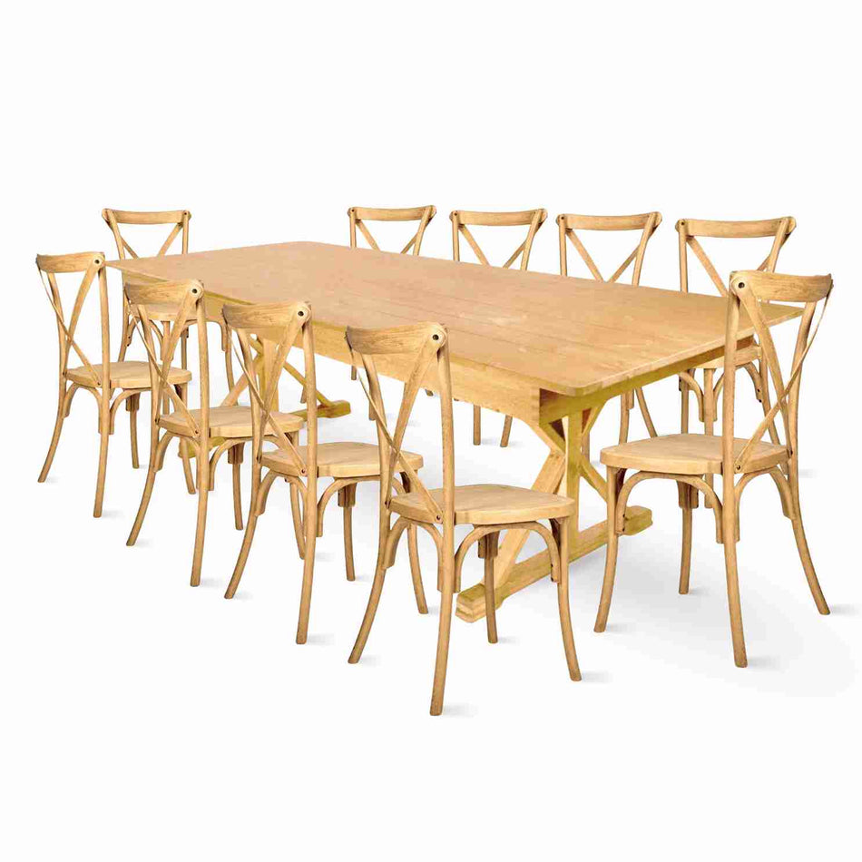 Farmhouse Dining Table Set 96x40" with 10 Cross Back Steel Skeleton Chairs for Kitchen Patio Dining Room, X Legs, Natural
