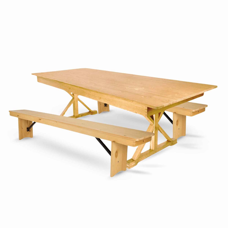 Farmhouse Dining Table Set 96x40" with 2 Benches for Kitchen Patio Dining Room, X Legs, Natural