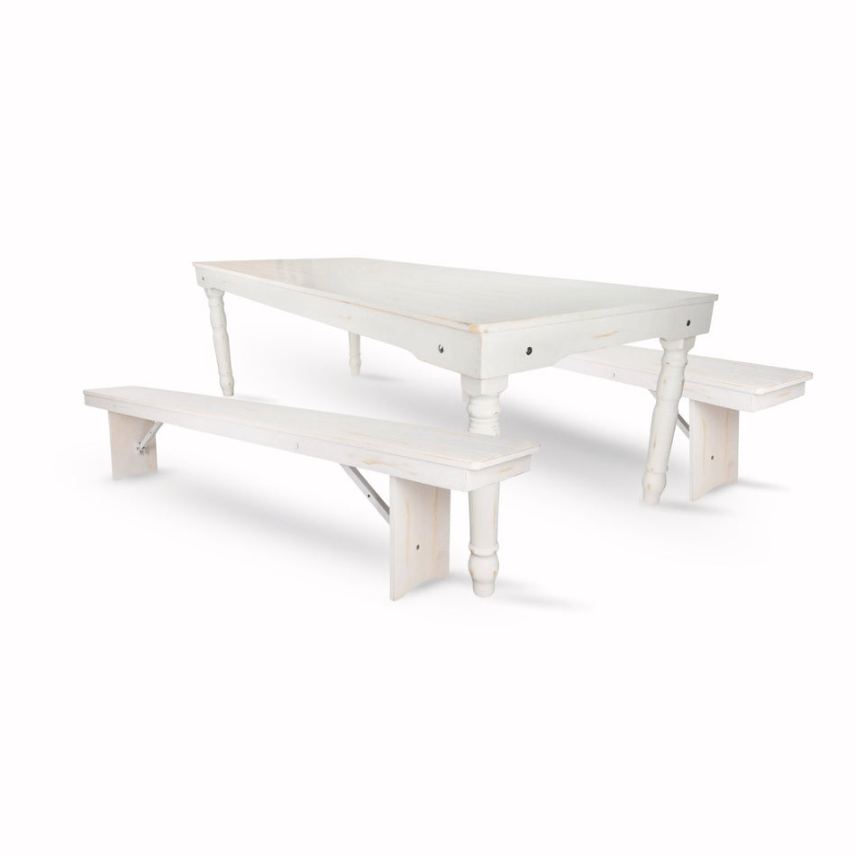 Farmhouse Dining Table Set 96x40" with 2 Benches for Kitchen Patio Dining Room, T Legs, White Distressed