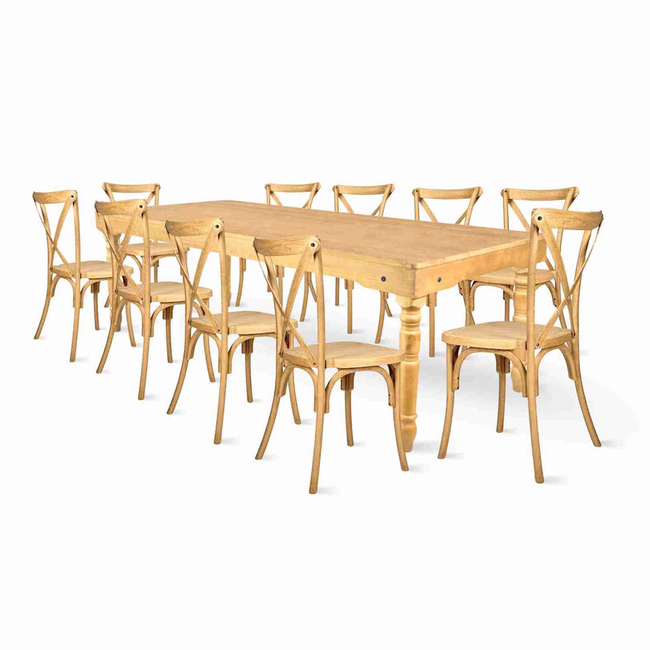 Farmhouse Dining Table Set 96x40" with 10 Cross Back Steel Skeleton Chairs for Kitchen Patio Dining Room, T Legs, Natural