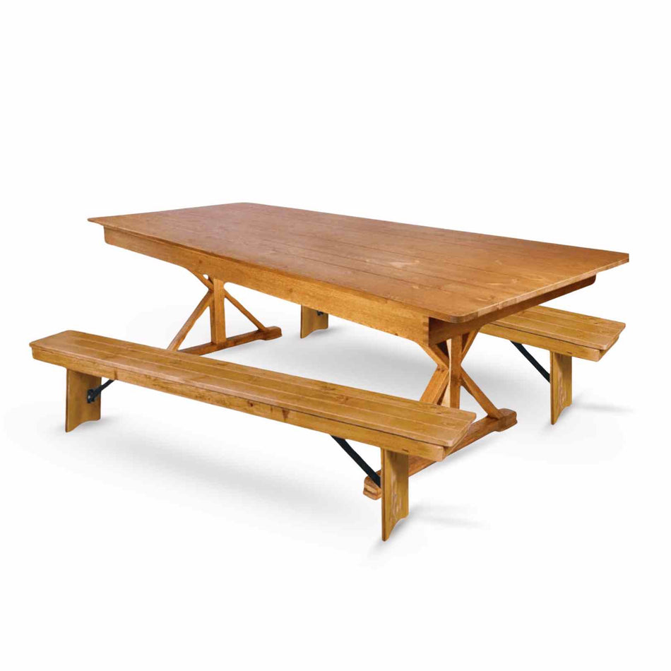 Farmhouse Dining Table Set 96x40" with 2 Benches for Kitchen Patio Dining Room, X Legs, Chestnut