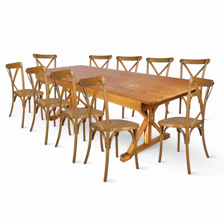 Farmhouse Dining Table Set 96x40" with 10 Cross Back Steel Skeleton Chairs for Kitchen Patio Dining Room, X Legs, Chestnut