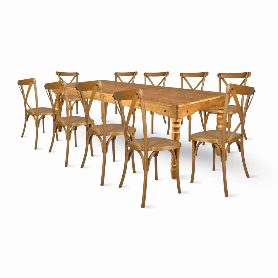 Farmhouse Dining Table Set 96x40" with 10 Cross Back Steel Skeleton Chairs for Kitchen Patio Dining Room, T Legs, Chestnut