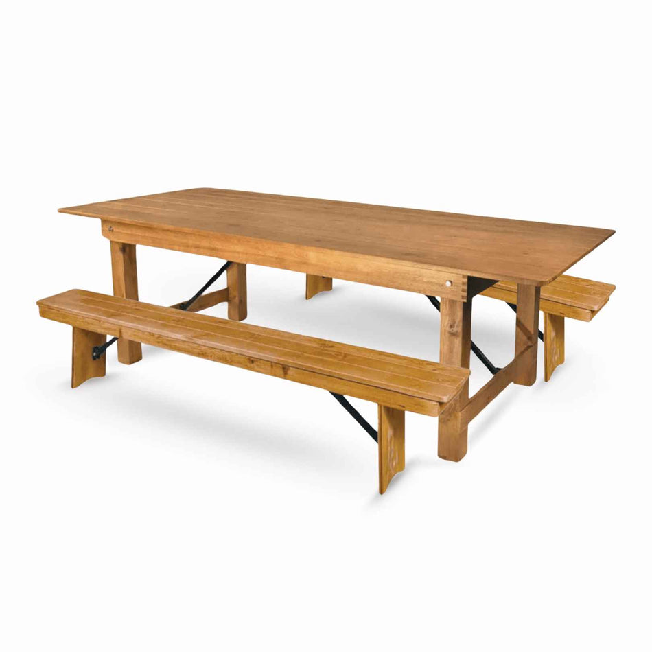 Farmhouse Dining Table Set 96x40" with 2 Benches for Kitchen Patio Dining Room, Fluted Legs, Chestnut