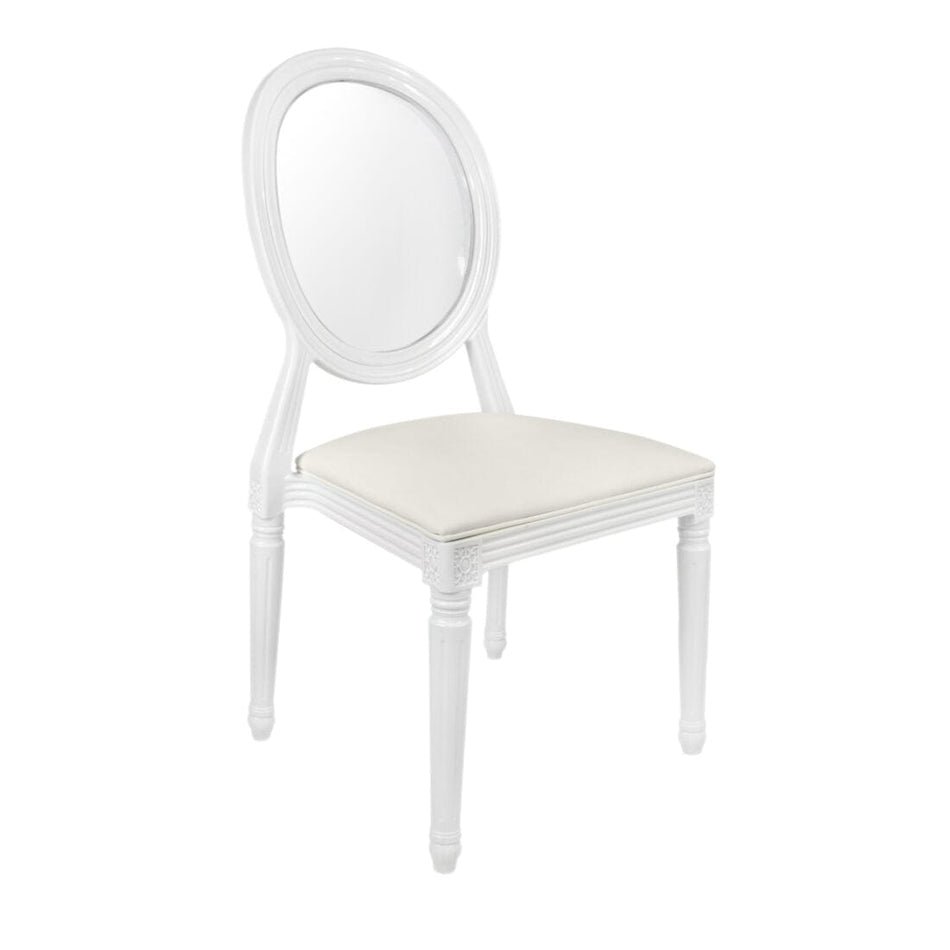 4 Pack White Resin Louis Pop Chair with Clear Back and Padded Vinyl Seat for Dining Areas