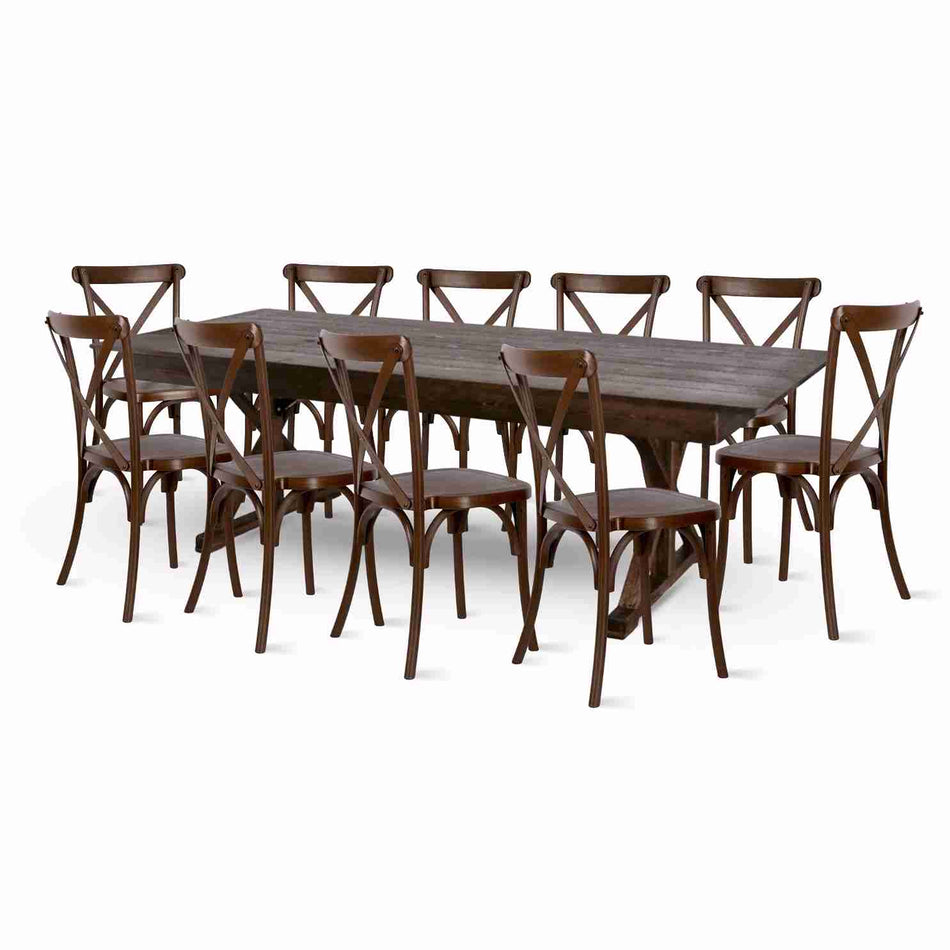 Farmhouse Dining Table Set 96x40" with 10 Cross Back Steel Skeleton Chairs for Kitchen Patio Dining Room, X Legs, Fruitwood