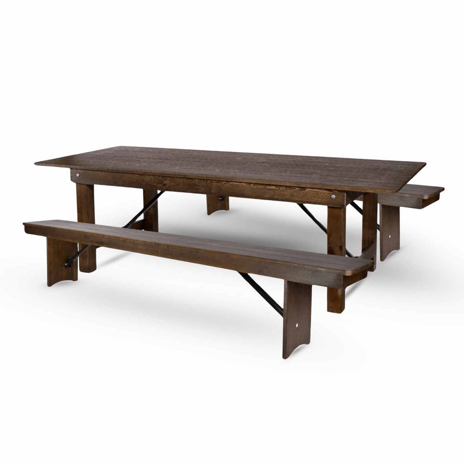 Farmhouse Dining Table Set 96x40" with 2 Benches for Kitchen Patio Dining Room, Fluted Legs, Fruitwood