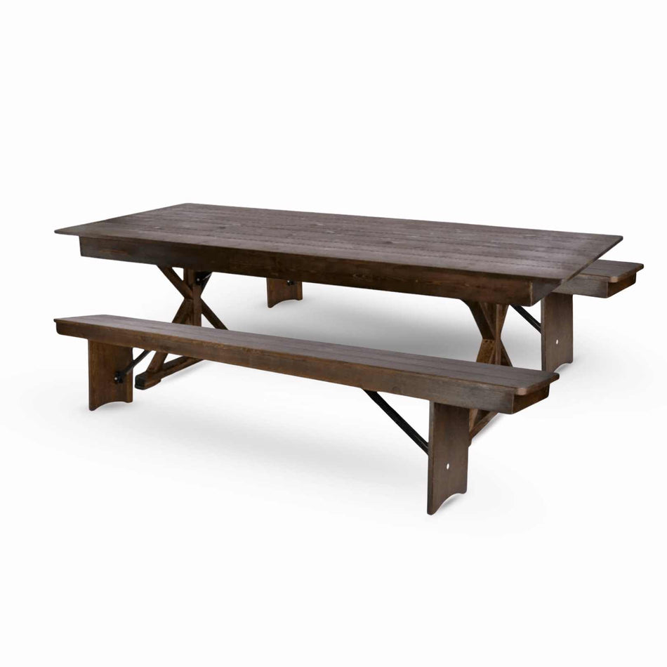 Farmhouse Dining Table Set 96x40" with 2 Benches for Kitchen Patio Dining Room, X Legs, Fruitwood