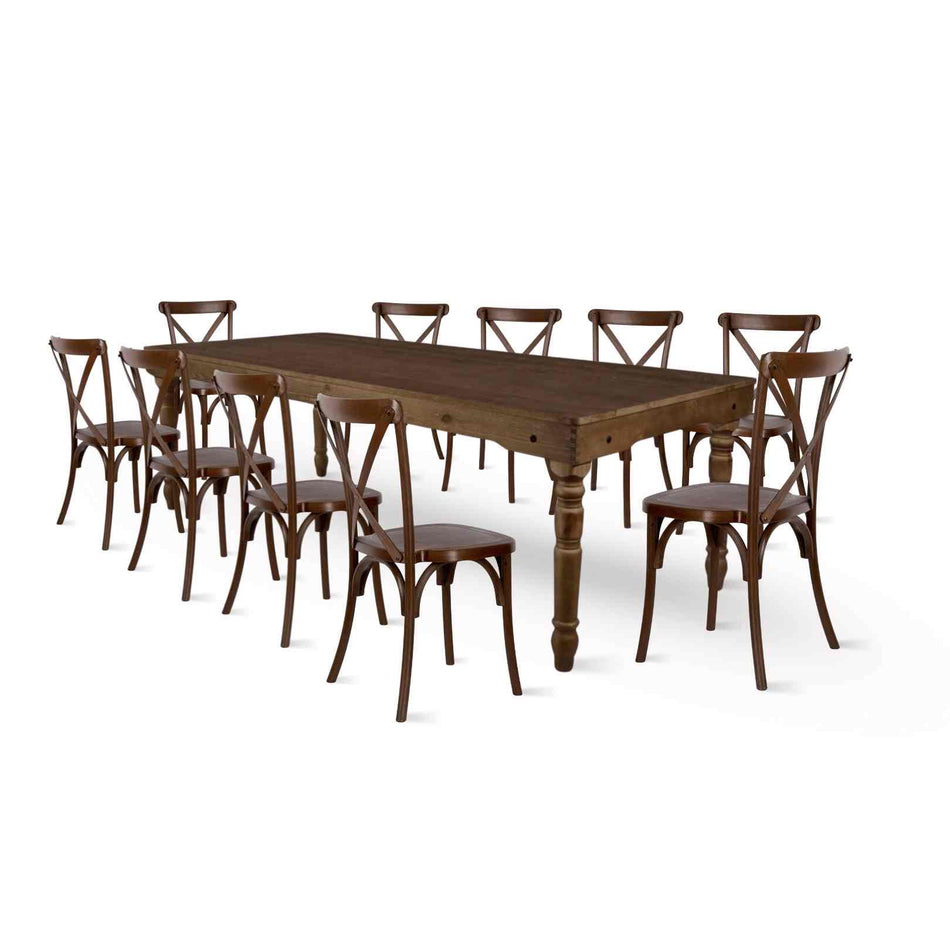 Farmhouse Dining Table Set 96x40" with 10 Cross Back Steel Skeleton Chairs for Kitchen Patio Dining Room, T Legs, Fruitwood
