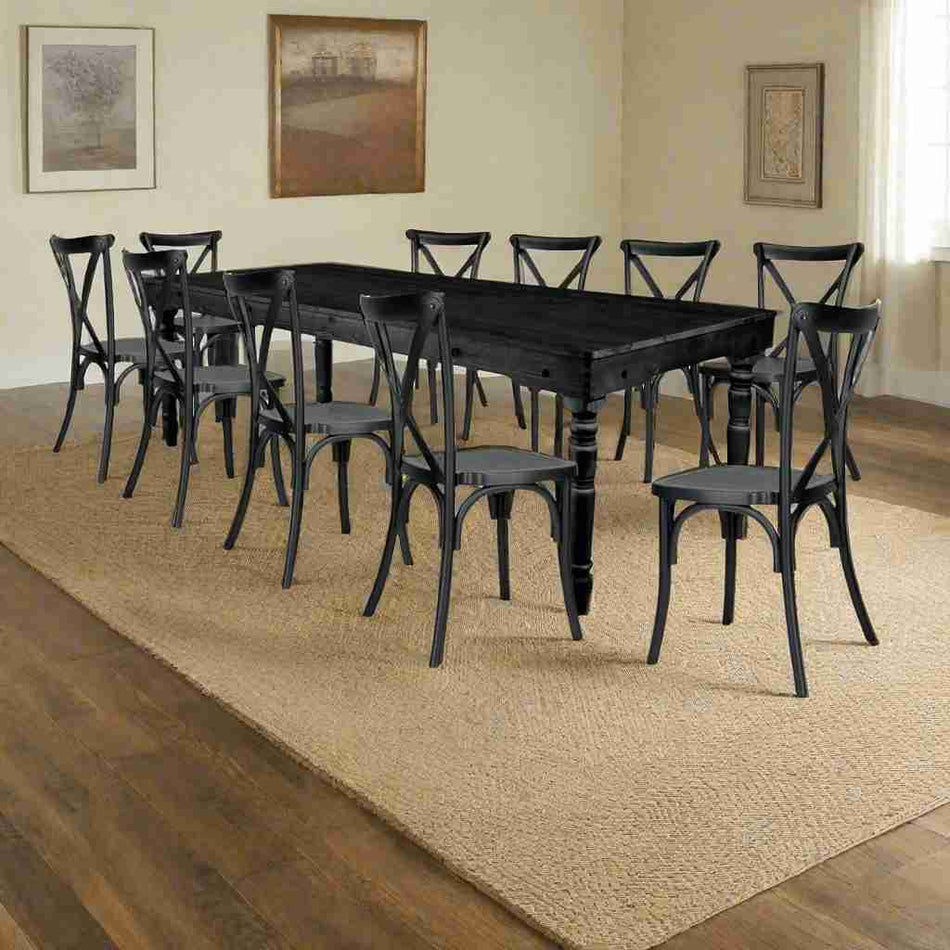 Farmhouse Dining Table Set 96x40" with 10 Cross Back Steel Skeleton Chairs for Kitchen Patio Dining Room, T Legs, Black