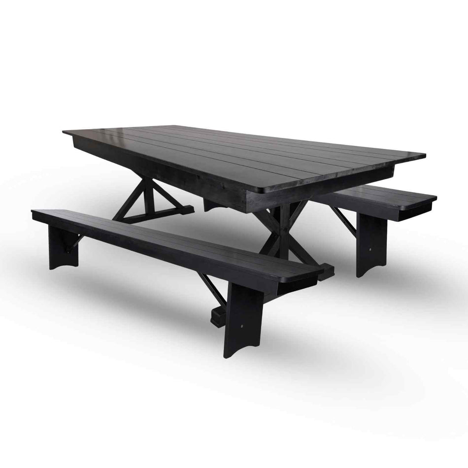 Farmhouse Dining Table Set 96x40" with 2 Benches for Kitchen Patio Dining Room, X Legs, Black