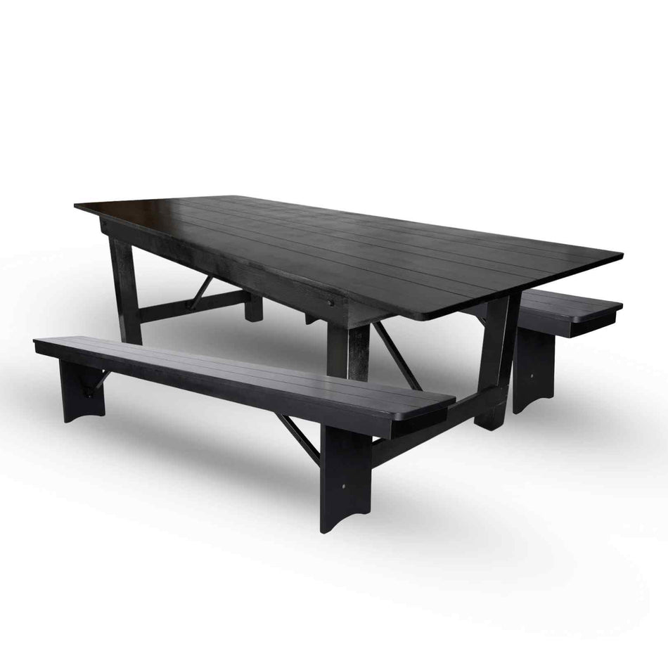 Farmhouse Dining Table Set 96x40" with 2 Benches for Kitchen Patio Dining Room, Fluted Legs, Black