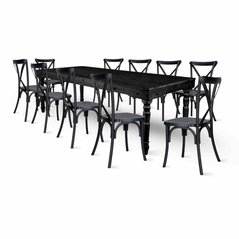 Farmhouse Dining Table Set 96x40" with 10 Cross Back Steel Skeleton Chairs for Kitchen Patio Dining Room, T Legs, Black