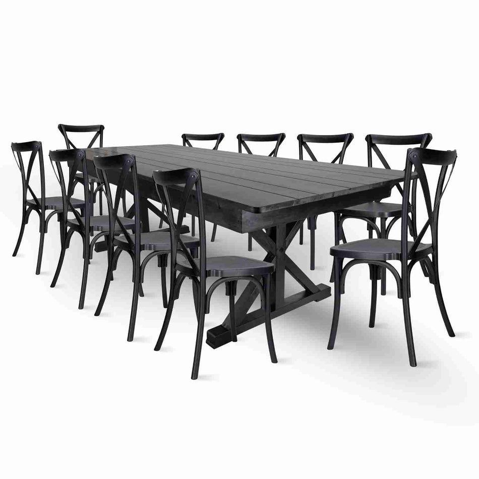 Farmhouse Dining Table Set 96x40" with 10 Cross Back Steel Skeleton Chairs for Kitchen Patio Dining Room, X Legs, Black