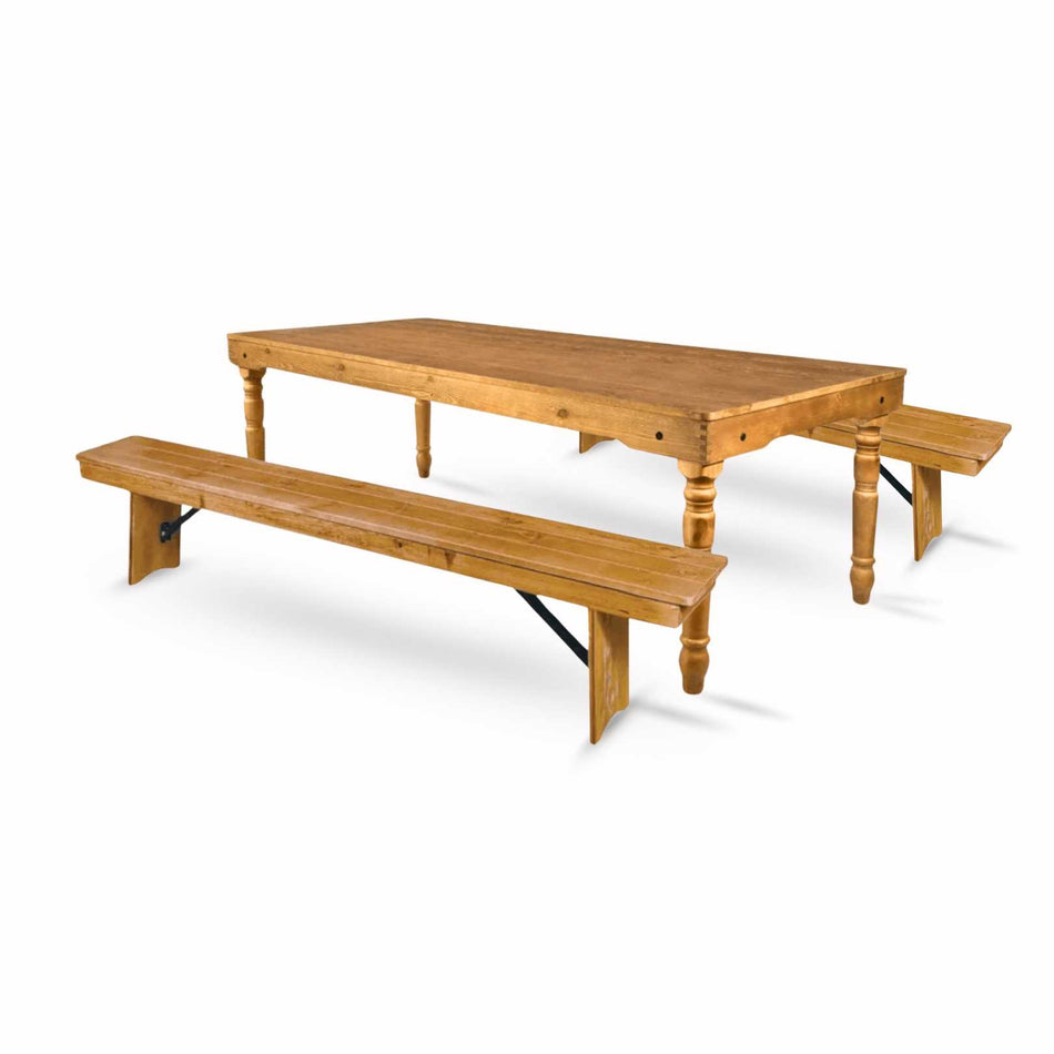 Farmhouse Dining Table Set 96x40" with 2 Benches for Kitchen Patio Dining Room, T Legs, Chestnut