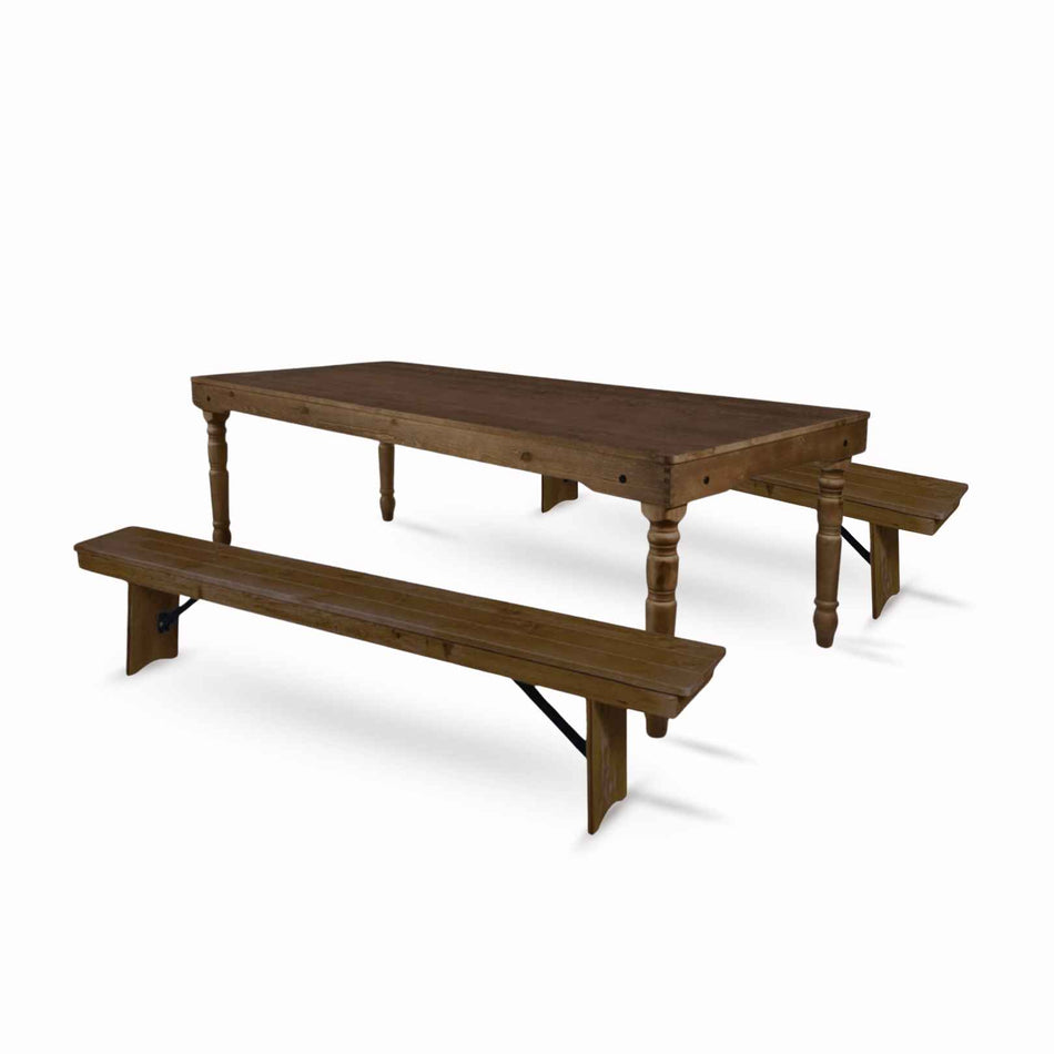 Farmhouse Dining Table Set 96x40" with 2 Benches for Kitchen Patio Dining Room, T Legs, Fruitwood