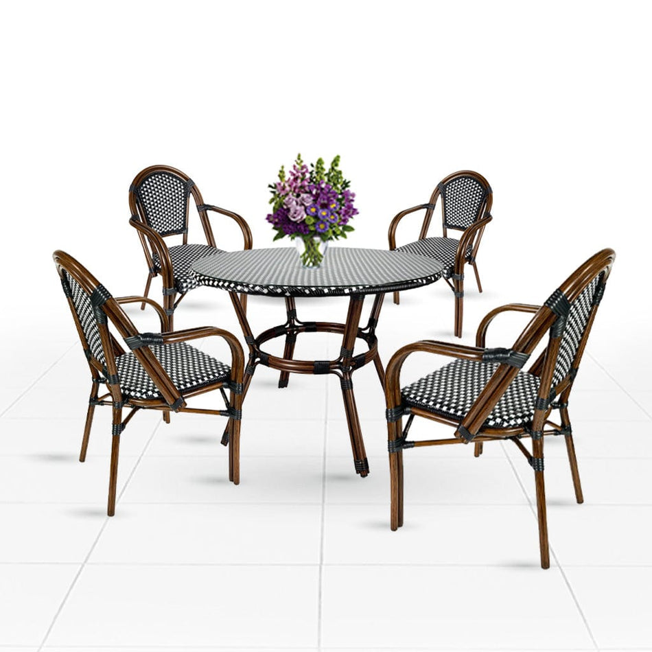 French Bistro 40" Table with Glass Top and 4 Chairs with Arms Set, Black and White