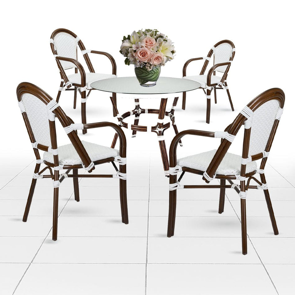 French Bistro 40" Table with Glass Top and 4 Chairs with Arms Set, White