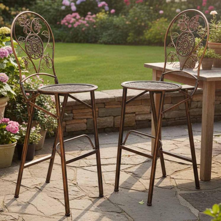 2 Pack Vintage Copper Round Bistro Barstools, 29" Metal Seating for Farmhouse Kitchens or Lounge Areas