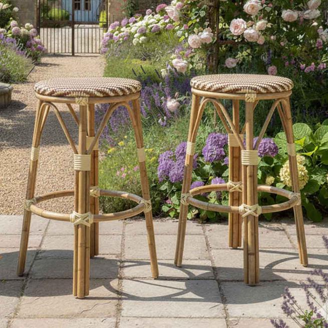 2 Pack Beige on Maroon 26" Counter Height No Back Bistro Barstool with PE Rattan