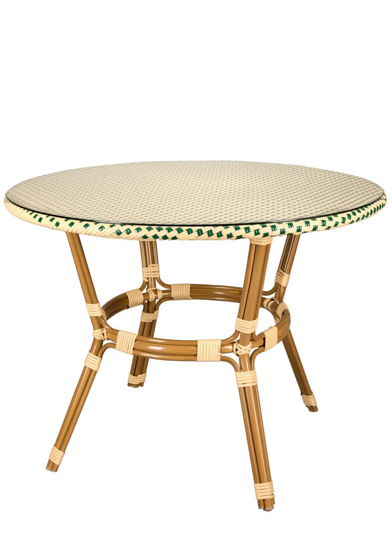 40" Round PE Rattan Bistro Table – Beige & Green Glass Top, Seats 4 | Outdoor Patio