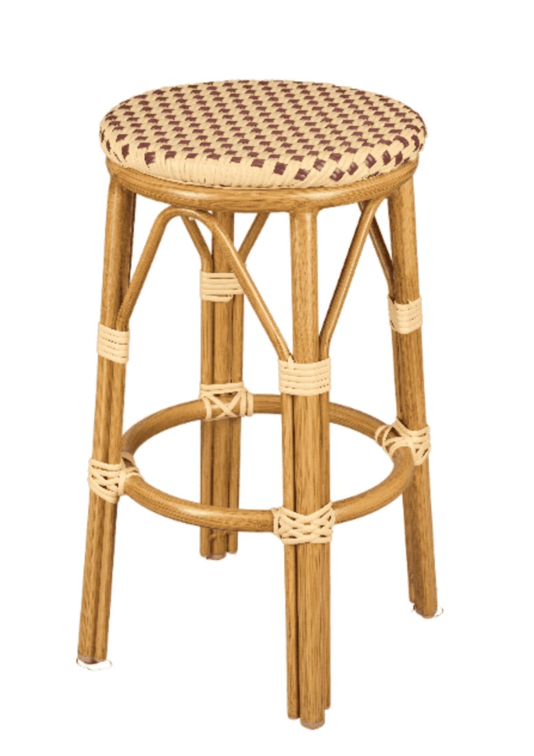 2 Pack Beige on Maroon 26" Counter Height No Back Bistro Barstool with PE Rattan