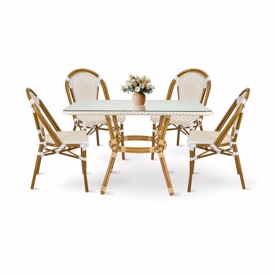 French Bistro 48x36" Table with Glass Top and 4 Chairs Set, White and Beige