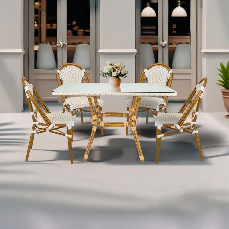 French Bistro 48x36" Table with Glass Top and 4 Chairs Set, White and Beige