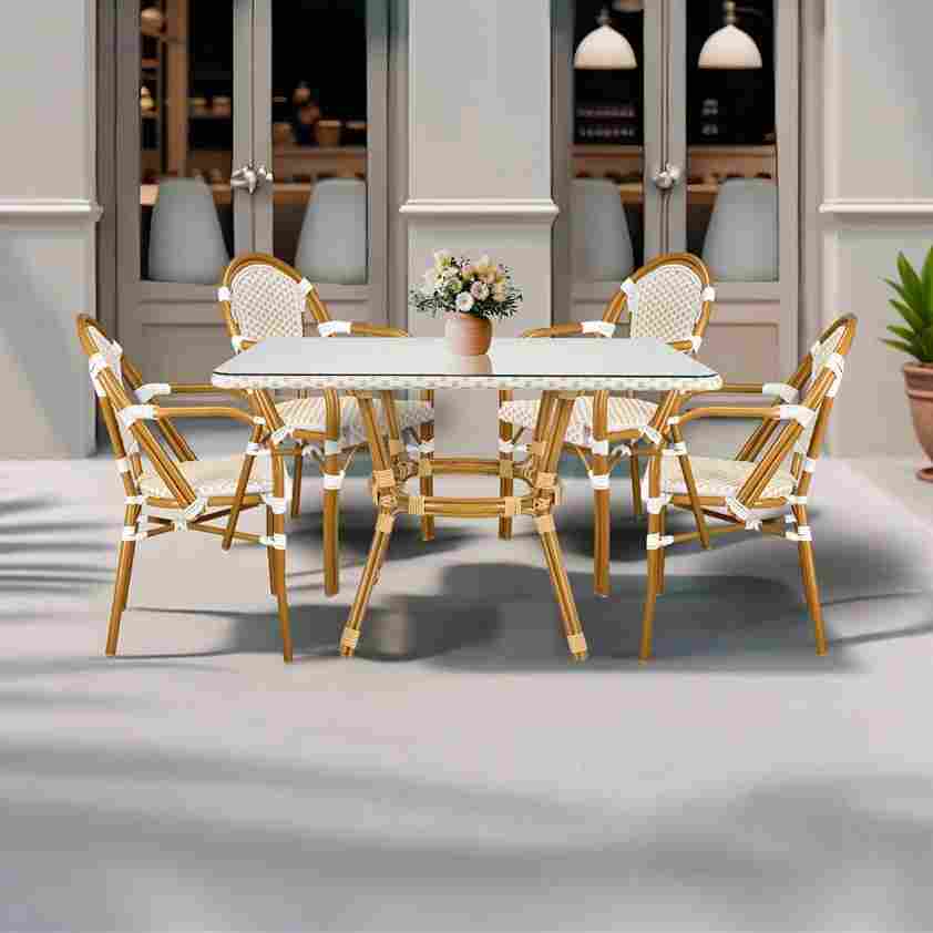 French Bistro 48x36" Table with Glass Top and 4 Chairs with Arms Set, White and Beige