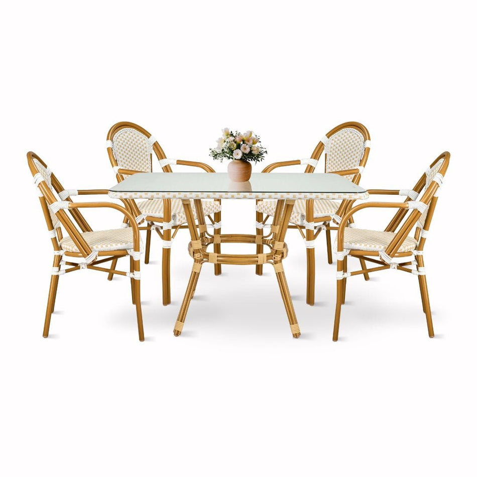French Bistro 48x36" Table with Glass Top and 4 Chairs with Arms Set, White and Beige