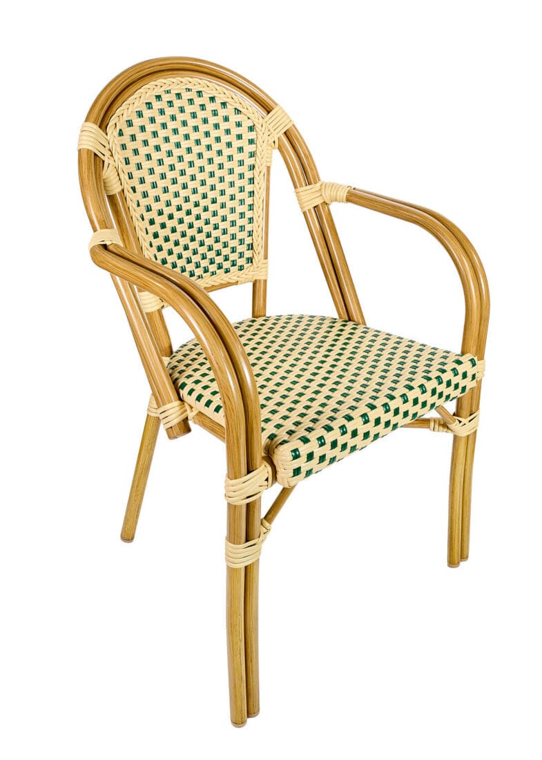 French Bistro 40" Table with Glass Top and 4 Chairs with Arms Set, Beige and Green, Image 3