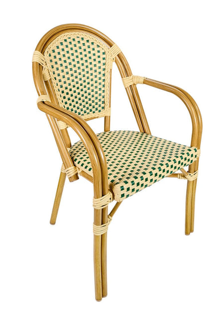French Bistro 48x36" Table with Glass Top and 4 Chairs with Arms Set, Beige and Green, Image 3