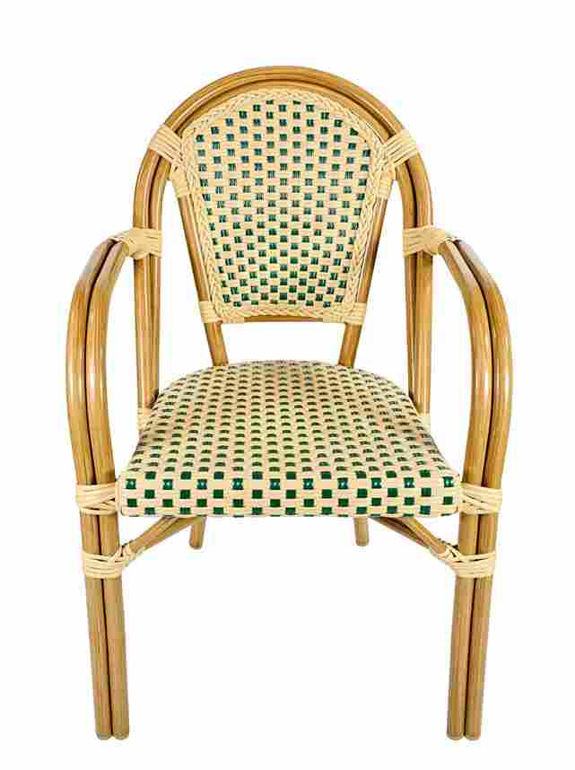 French Bistro 48x36" Table with Glass Top and 4 Chairs with Arms Set, Beige and Green, Image 4