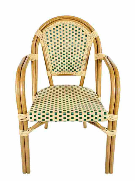 French Bistro 48x36" Table with Glass Top and 4 Chairs with Arms Set, Beige and Green, Image 4