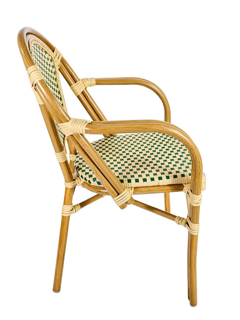 French Bistro 48x36" Table with Glass Top and 4 Chairs with Arms Set, Beige and Green, Image 10