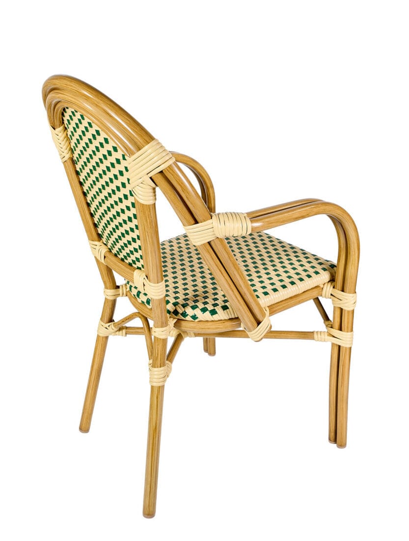 French Bistro 48x36" Table with Glass Top and 4 Chairs with Arms Set, Beige and Green, Image 9