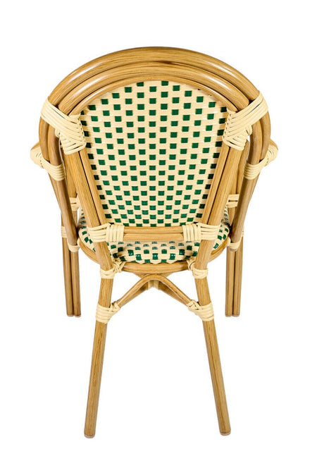 French Bistro 48x36" Table with Glass Top and 4 Chairs with Arms Set, Beige and Green, Image 8