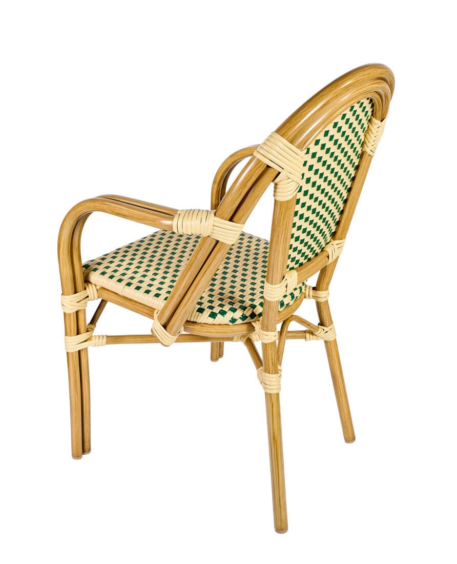 French Bistro 48x36" Table with Glass Top and 4 Chairs with Arms Set, Beige and Green, Image 7