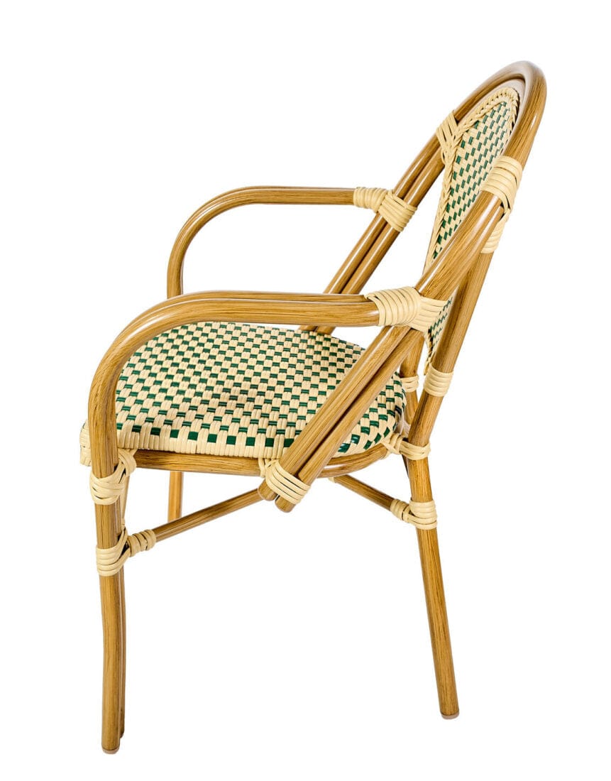 French Bistro 48x36" Table with Glass Top and 4 Chairs with Arms Set, Beige and Green, Image 6