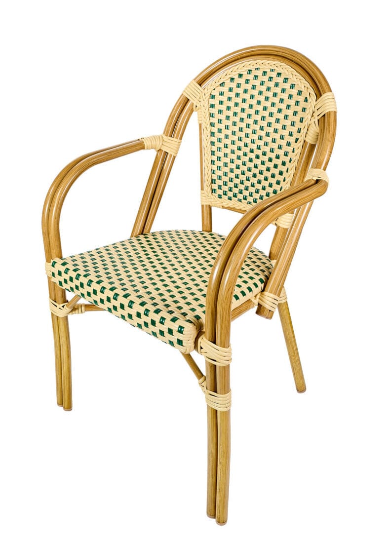French Bistro 48x36" Table with Glass Top and 4 Chairs with Arms Set, Beige and Green, Image 5