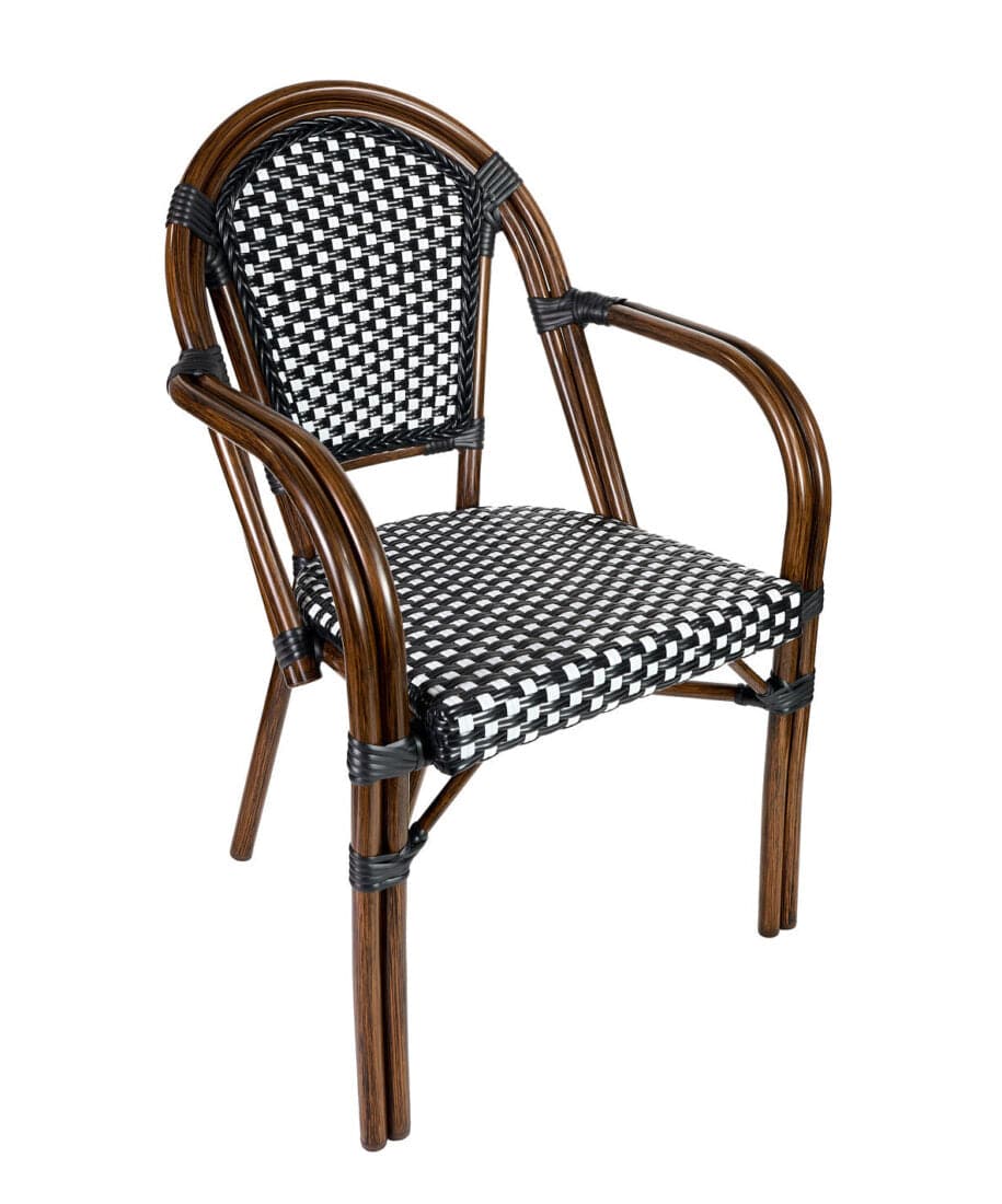 French Bistro 48x36" Table with Glass Top and 4 Chairs with Arms Set, Black and White, Image 3
