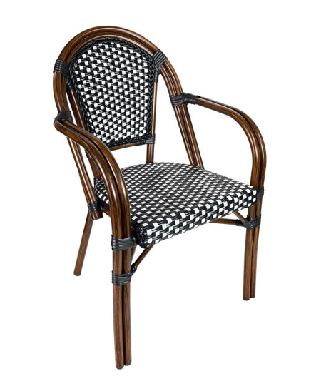 French Bistro 48x36" Table with Glass Top and 4 Chairs with Arms Set, Black and White, Image 3