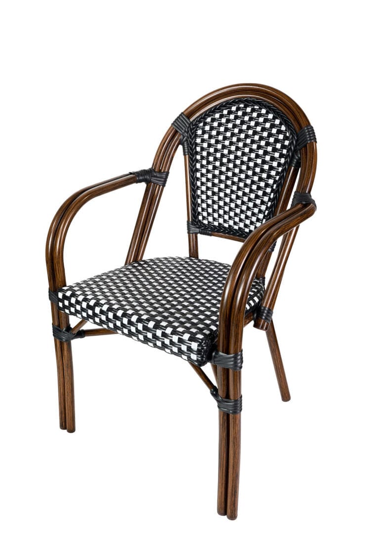 French Bistro 40" Table with Glass Top and 4 Chairs with Arms Set, Black and White, Image 9