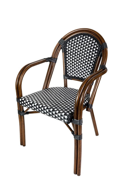 French Bistro 40" Table with Glass Top and 4 Chairs with Arms Set, Black and White, Image 9